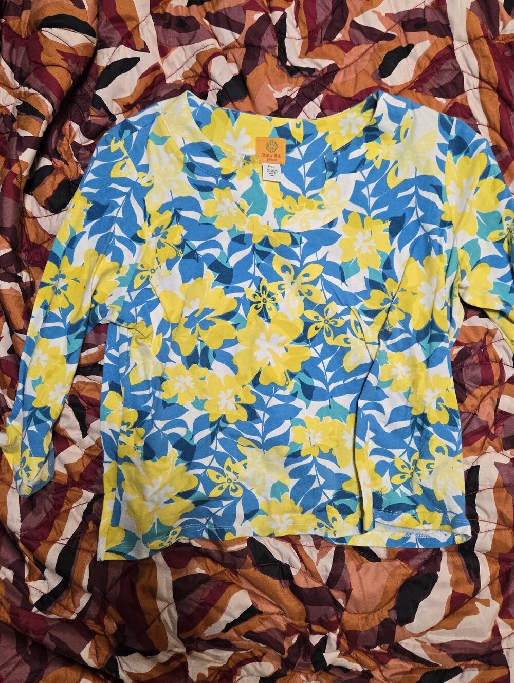 Ruby Rd. Floral Scoop Neck 3/4 Long Sleeve Top - Yellow & Blue